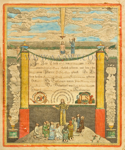 Baptism of Christ Print, By Carl Egelman, Hand Colored, Fraktur
Reading, Pennsylvania
Circa 1811 to 1837, entire view